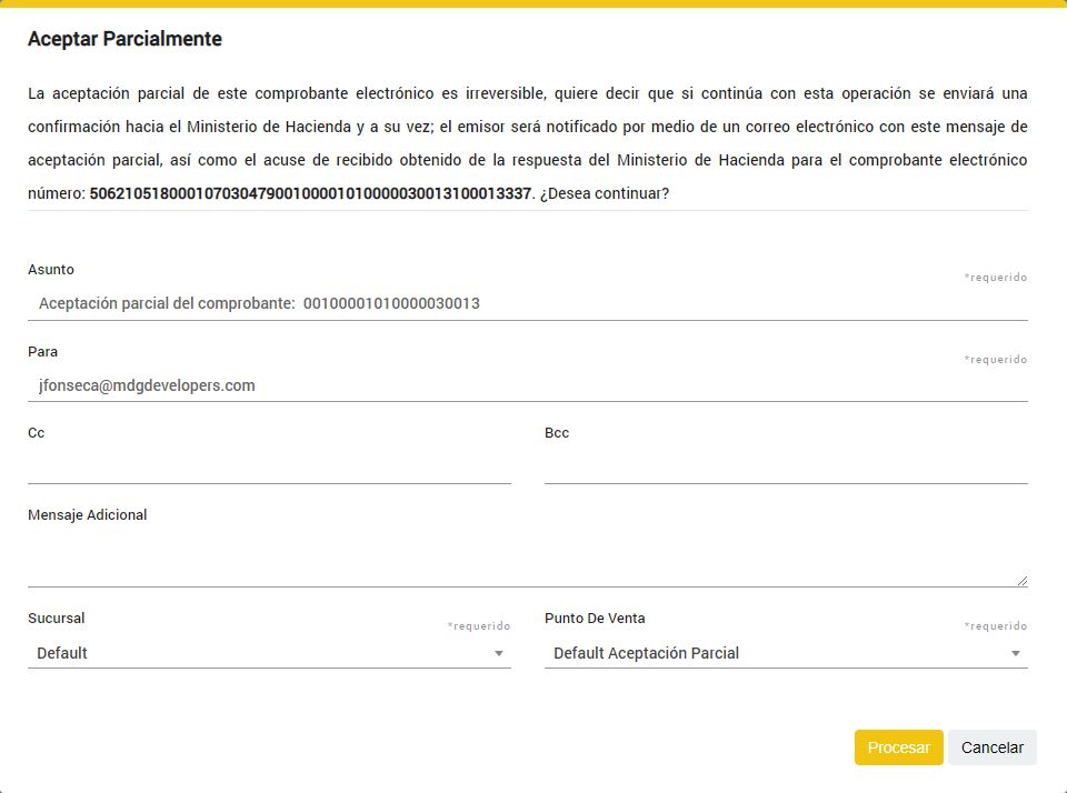 Comprobante - Recepcion - Aceptar Parcialmente - Procesar