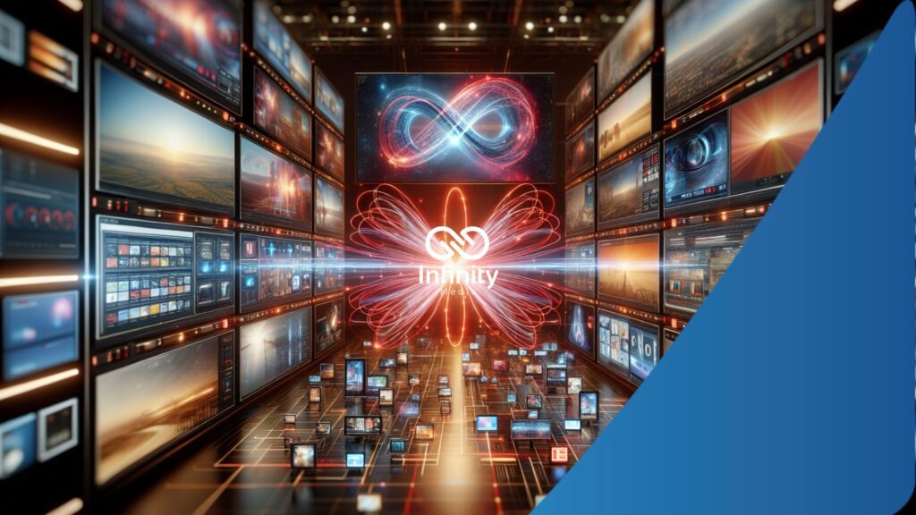 A dynamic array of screens showcasing multimedia content with a central infinity symbol composed of glowing light trails, overlaid with the Infinity Media logo, symbolizing endless possibilities in broadcast technology.