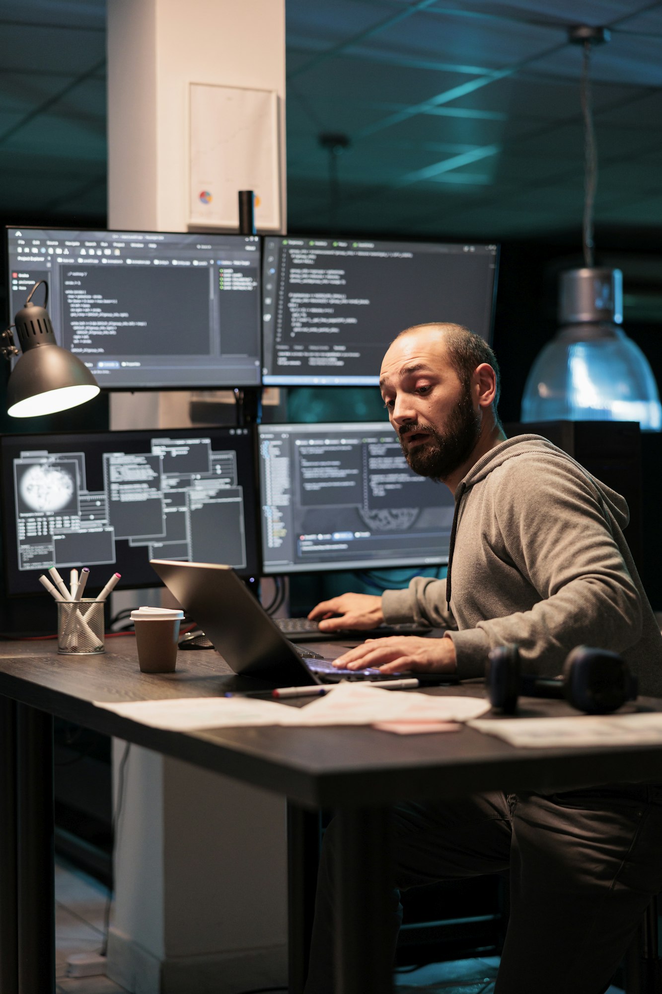 Software engineer writing code on multiple screens